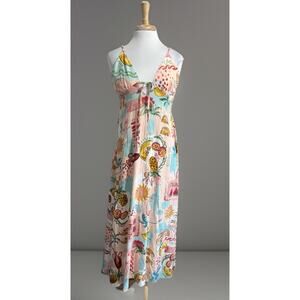 Paper Heart Womens Linen Blend Maxi Dress Sz XL Summer Fruits Pink Tie Back NWT